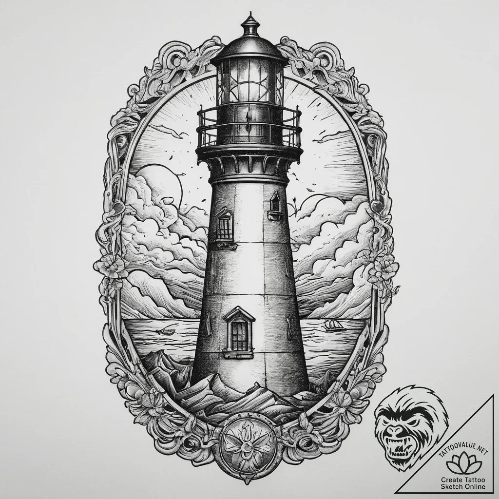 The view from a lighthouse lantern room on a... - tattoo sketch (№1754342784_0, 04.08.2025 21:26) — tattoovalue.net