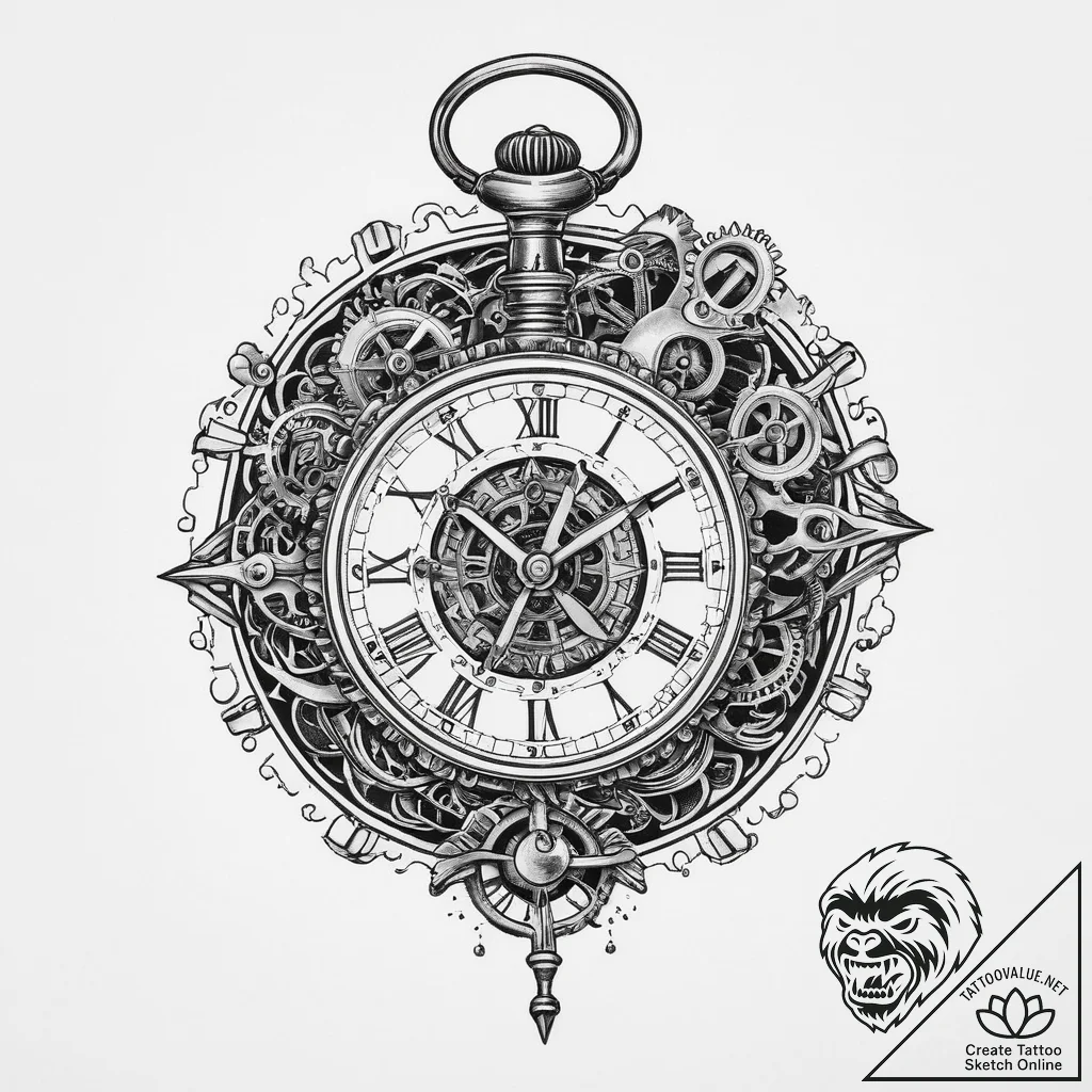 Pocket watch with exposed gears, ink illustra... - tattoo sketch (№1754343395_0, 04.08.2025 21:36) — tattoovalue.net