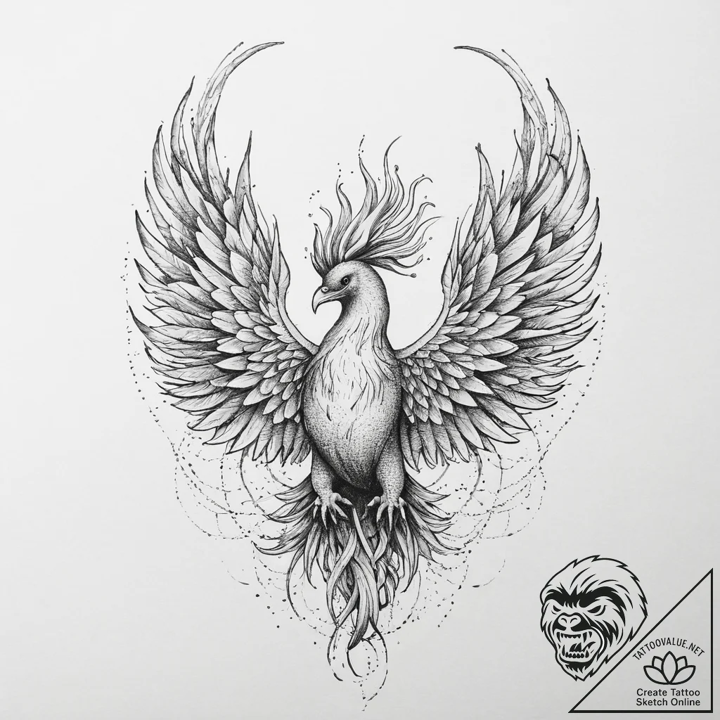 Tattoo sketch a phoenix rising in powerful, f... - tattoo sketch (№1754343809_0, 04.08.2025 21:43) — tattoovalue.net