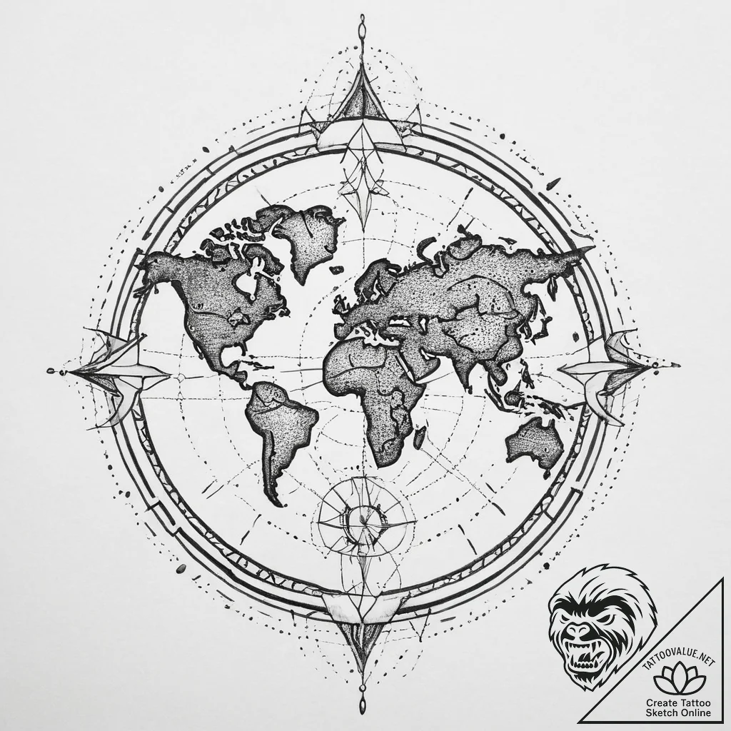 Tattoo design a compass on one partner, a wor... - tattoo sketch (№1754347241_0, 04.08.2025 22:40) — tattoovalue.net