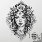 Tattoo design: a stylized female figure with… – tattoo sketch (№1754392150_0, 05.08.2025 11:09) — tattoovalue.net
