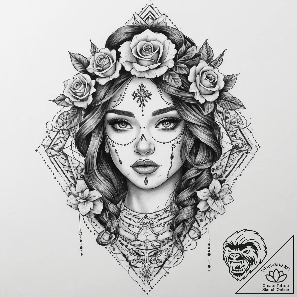 Tattoo design: a stylized female figure with... - tattoo sketch (№1754392150_0, 05.08.2025 11:09) — tattoovalue.net