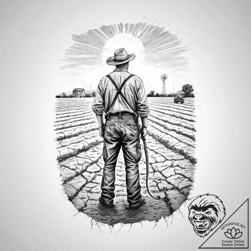A powerful image of a farmer standing in a dr... - tattoo sketch (№1754393568_0, 05.08.2025 11:32) — tattoovalue.net