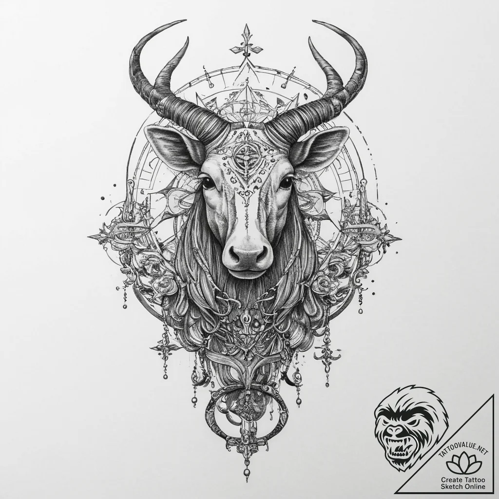 Tattoo design a zodiac animal with a subtle m... - tattoo sketch (№1754393770_0, 05.08.2025 11:36) — tattoovalue.net