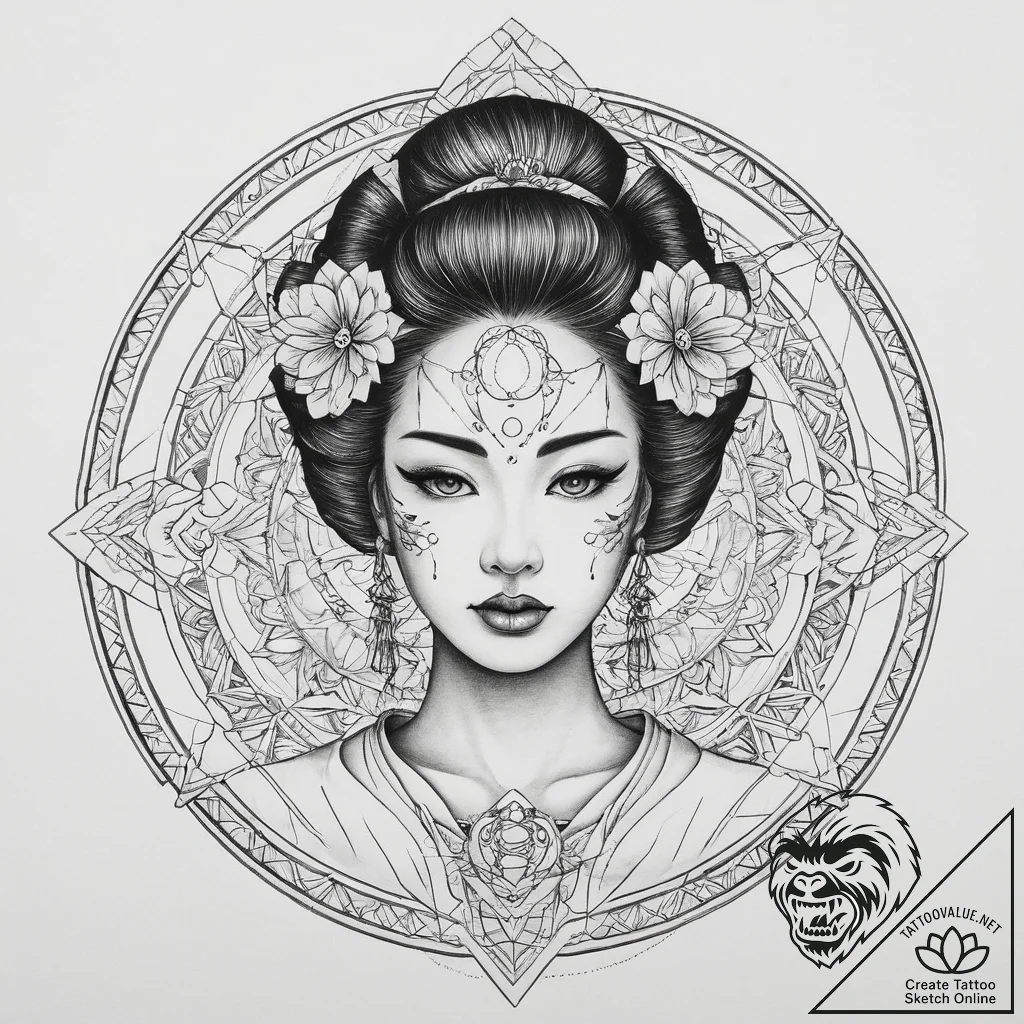 Cyborg geisha, tattoo sketch design, geometri... - tattoo sketch (№1754394177_0, 05.08.2025 11:42) — tattoovalue.net