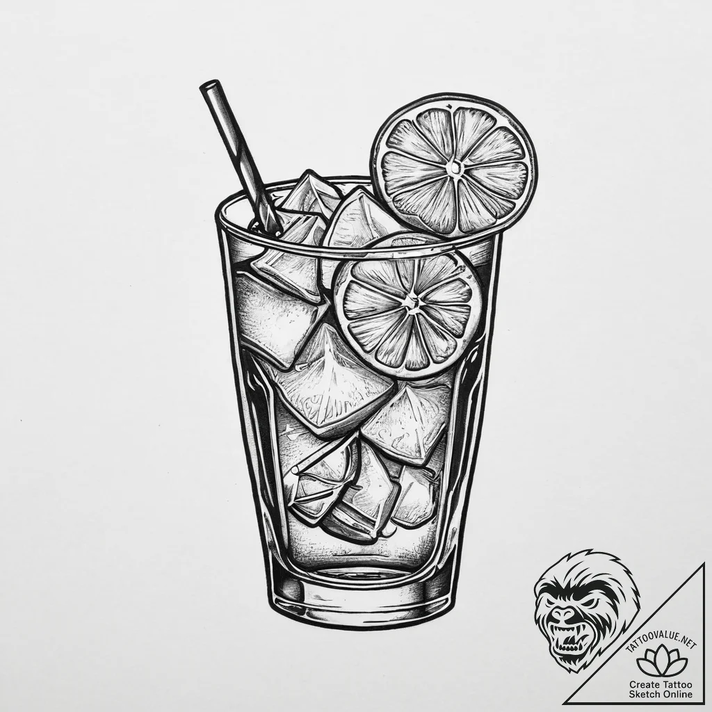 A shot of a glass of cola with ice and a lime... - tattoo sketch (№1754396826_0, 05.08.2025 12:27) — tattoovalue.net
