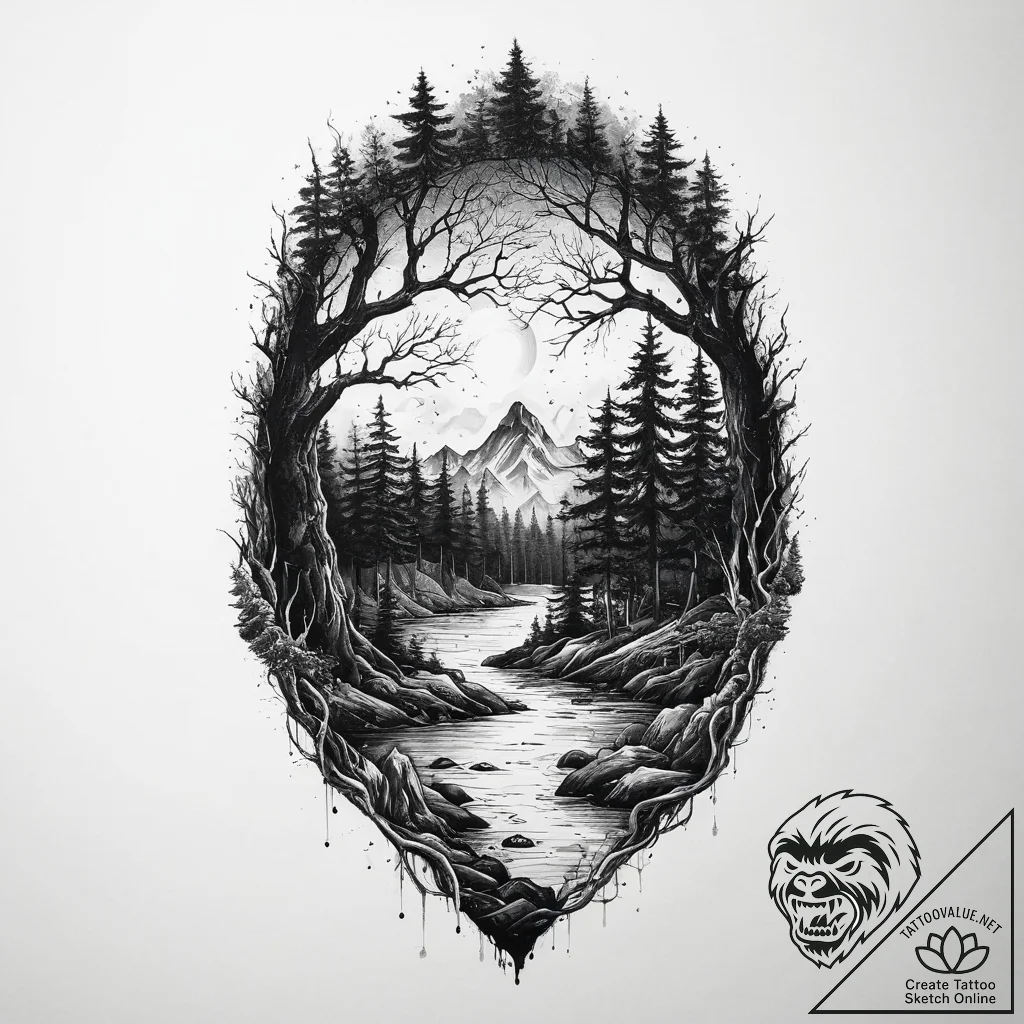Tattoo design: a dark, mystical forest scene... - tattoo sketch (№1754398471_0, 05.08.2025 12:54) — tattoovalue.net