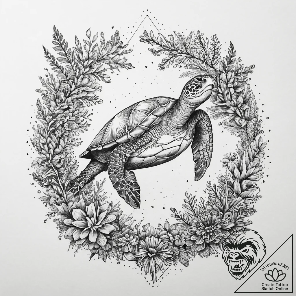 A sea turtle gracefully swimming over a vibra... - tattoo sketch (№1754398675_0, 05.08.2025 12:57) — tattoovalue.net