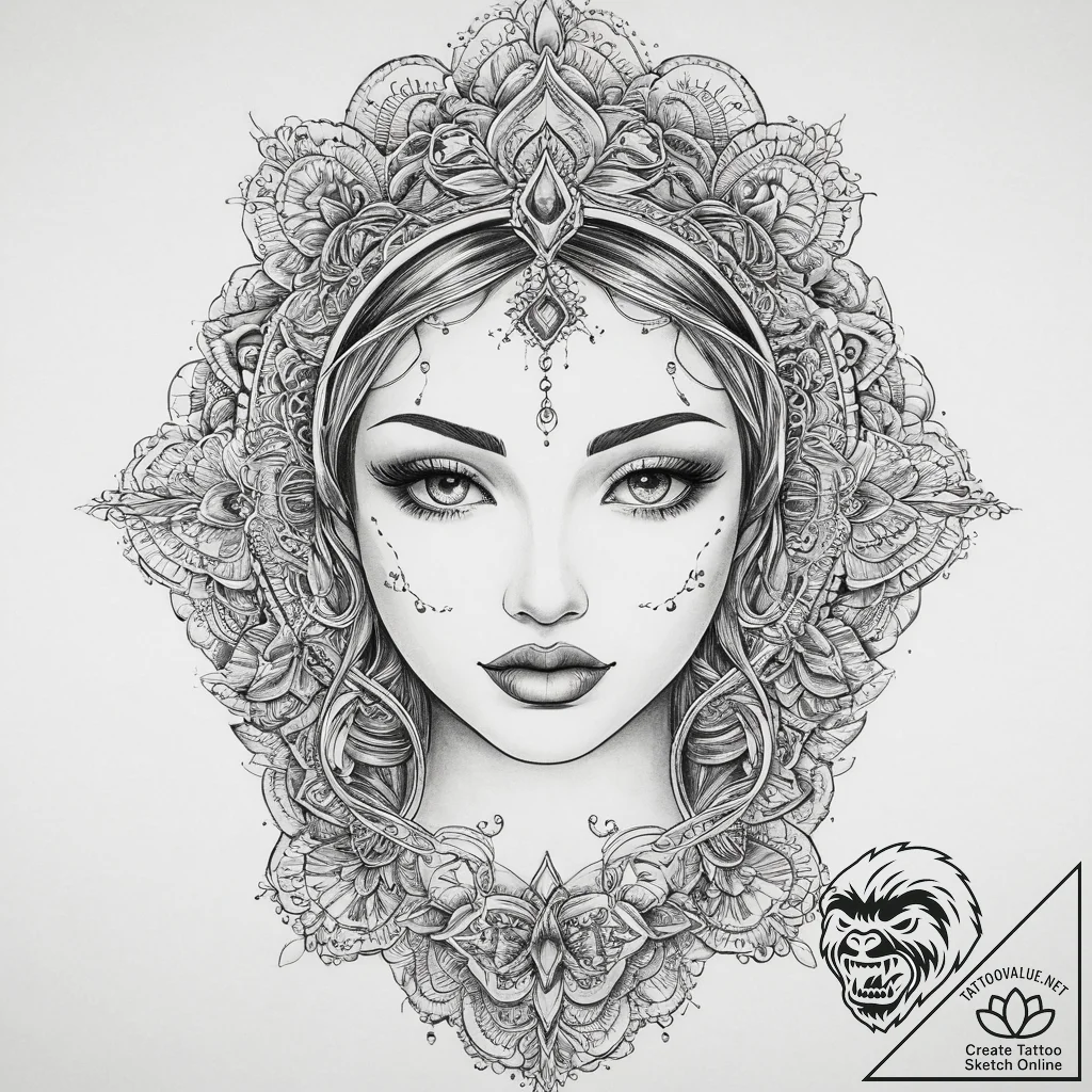 Face, tattoo drawing outline, sepia tone sket... - tattoo sketch (№1754399502_0, 05.08.2025 13:11) — tattoovalue.net