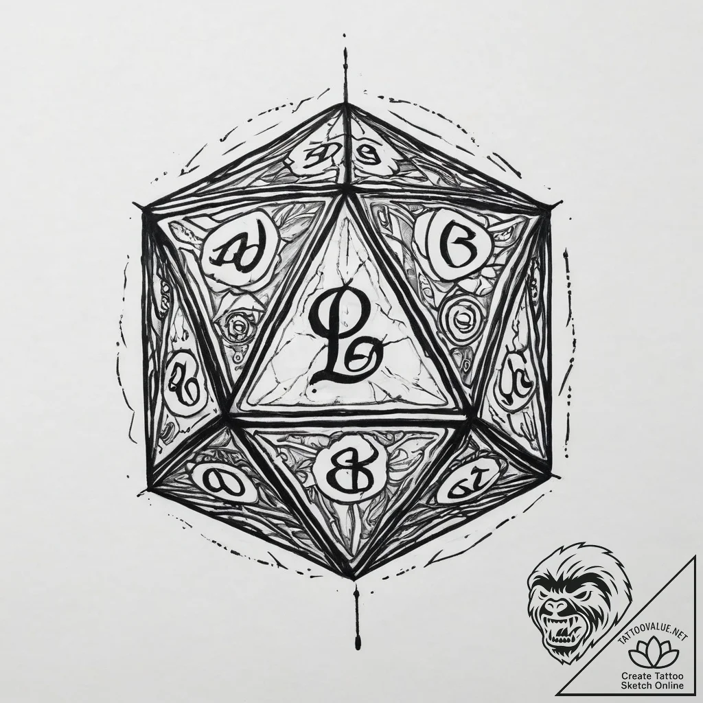 A d20 die from dungeons & dragons, tattoo dra... - tattoo sketch (№1754401970_0, 05.08.2025 13:52) — tattoovalue.net