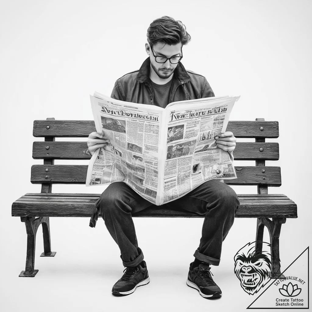A person reading a newspaper on a park bench. - tattoo sketch (№1754402178_0, 05.08.2025 13:56) — tattoovalue.net