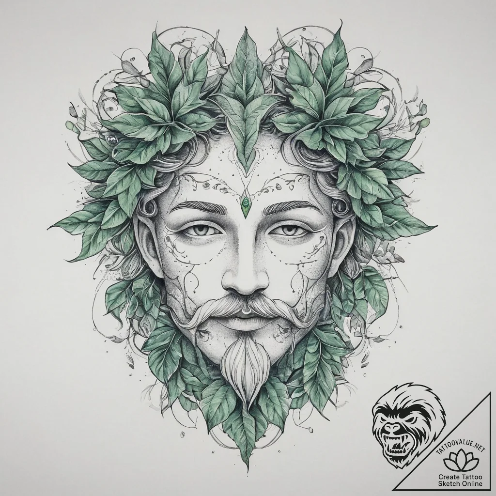 The green man face made of leaves, tattoo dra... - tattoo sketch (№1754402791_0, 05.08.2025 14:06) — tattoovalue.net