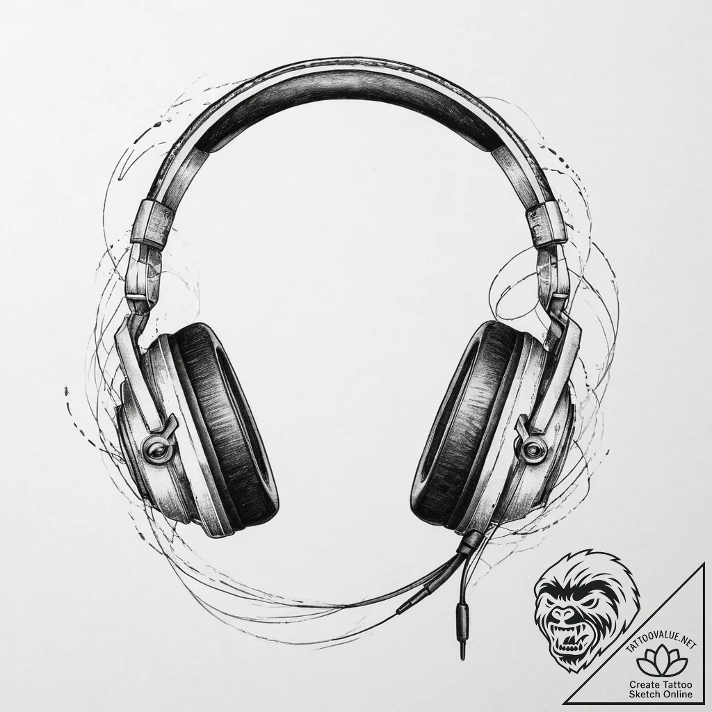 Tattoo design a gaming headset with wires sub... - tattoo sketch (№1754403620_0, 05.08.2025 14:20) — tattoovalue.net