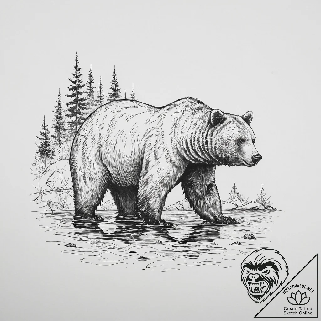 A brown bear standing in a river, trying to c... - tattoo sketch (№1754403826_0, 05.08.2025 14:23) — tattoovalue.net