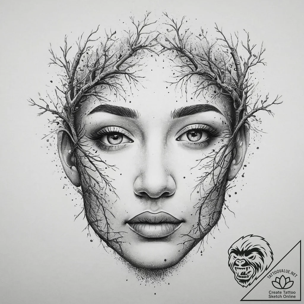 A human face made from interwoven tree branch... - tattoo sketch (№1754404444_0, 05.08.2025 14:34) — tattoovalue.net