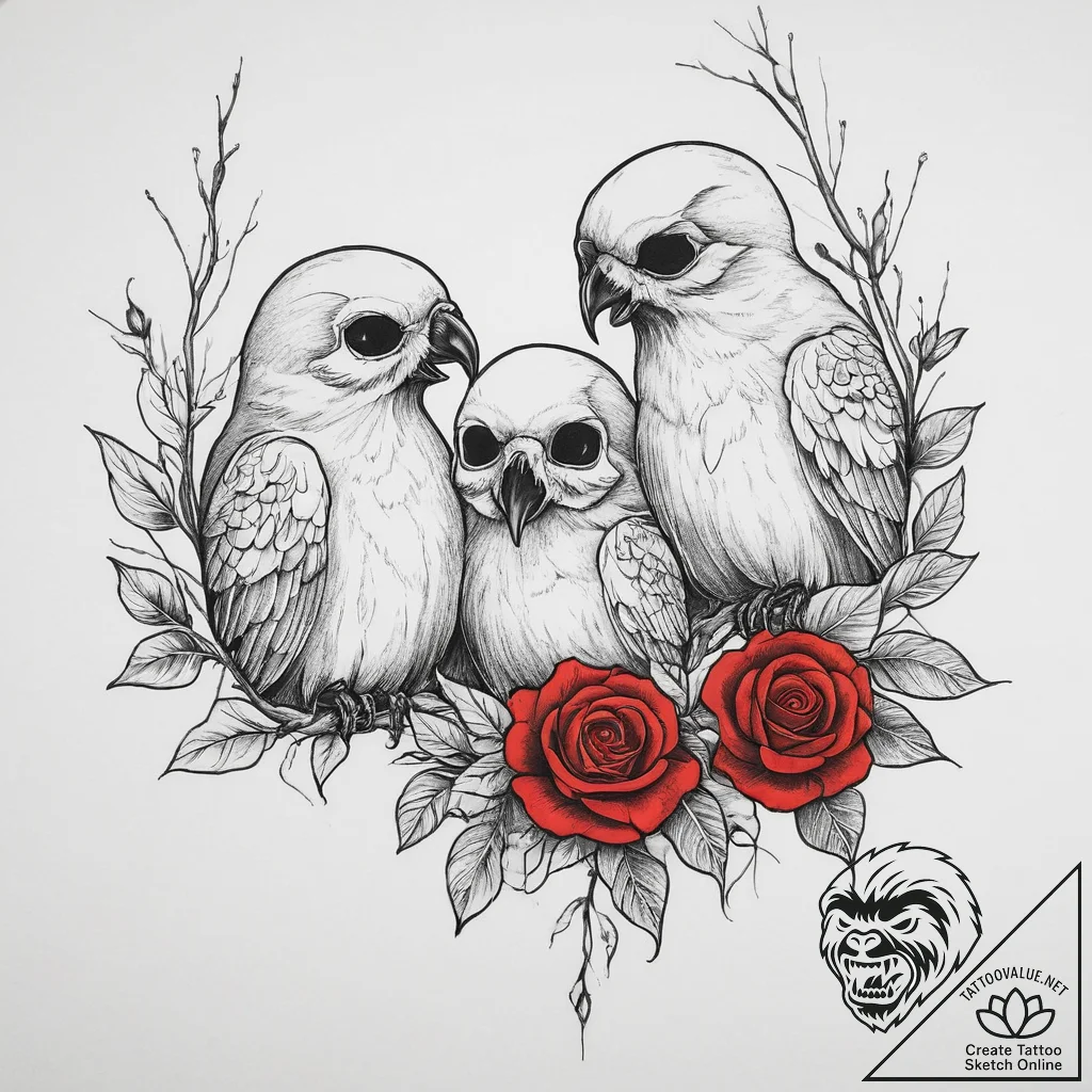 Tattoo sketch a family of birds perched on a... - tattoo sketch (№1754405067_0, 05.08.2025 14:44) — tattoovalue.net