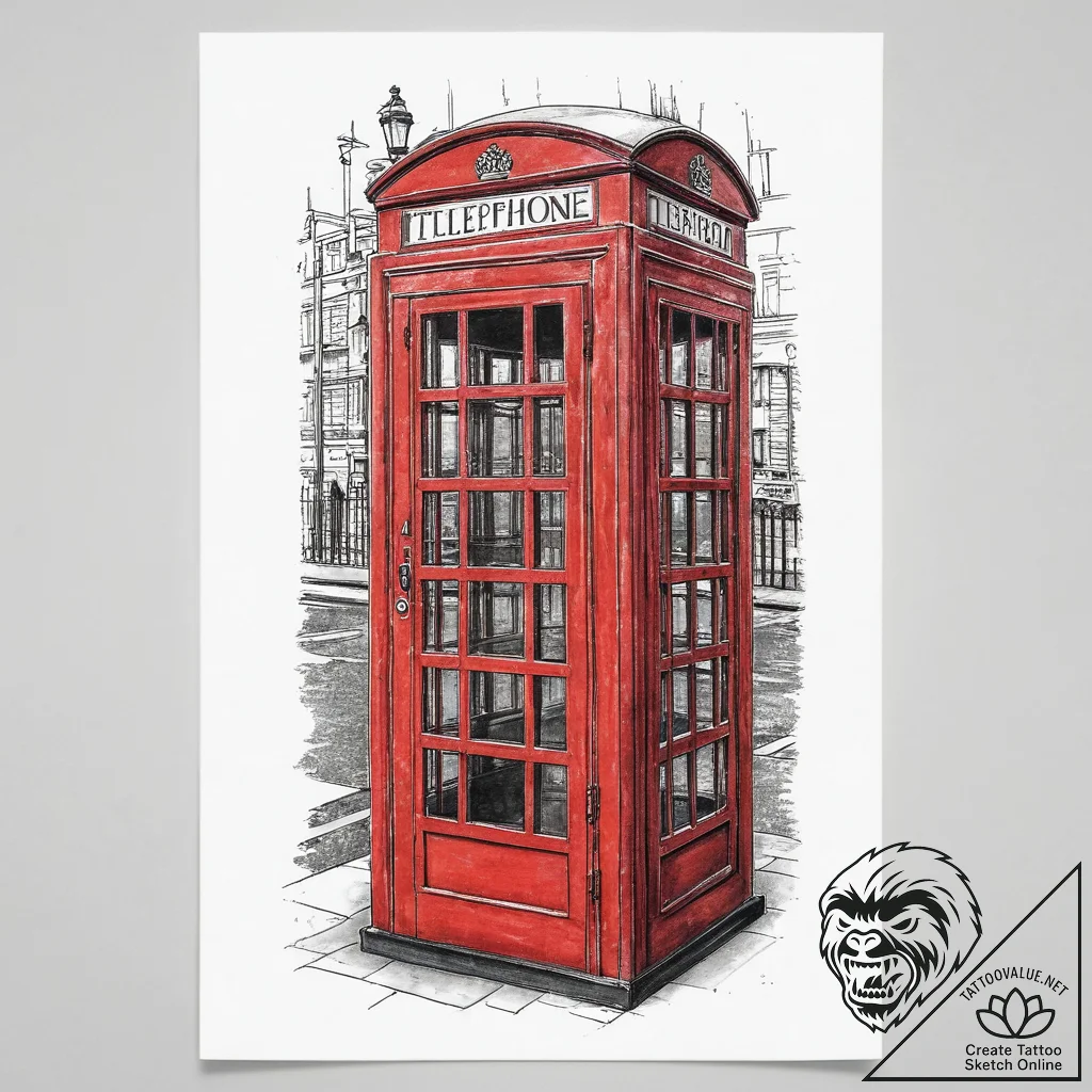 An old-fashioned red telephone box on a londo... - tattoo sketch (№1754405273_0, 05.08.2025 14:47) — tattoovalue.net