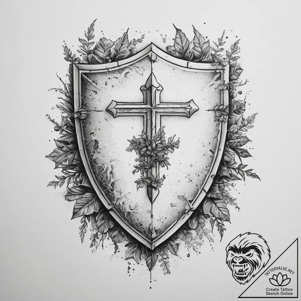 Tattoo design a warrior's shield overgrown wi... - tattoo sketch (№1754405895_0, 05.08.2025 14:58) — tattoovalue.net
