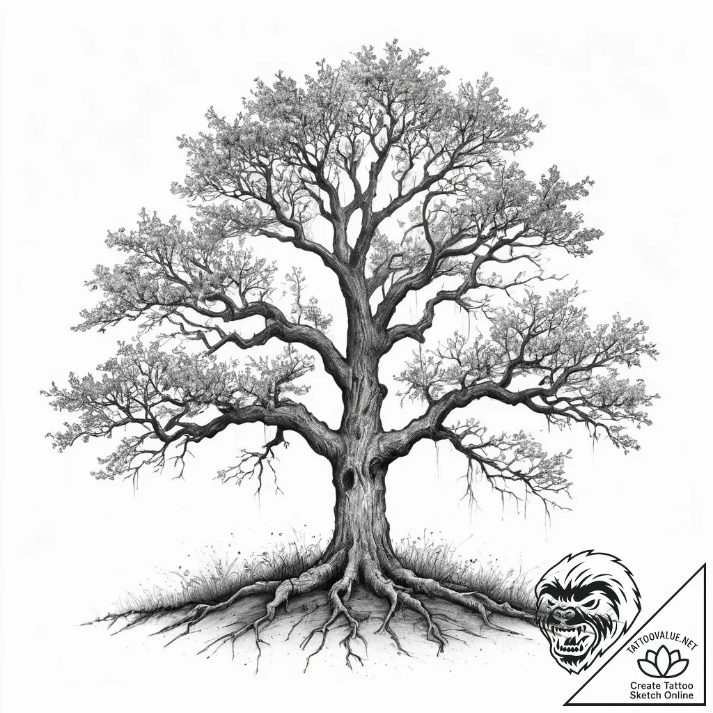 A single, ancient oak tree standing alone in... - tattoo sketch (№1754406099_0, 05.08.2025 15:01) — tattoovalue.net