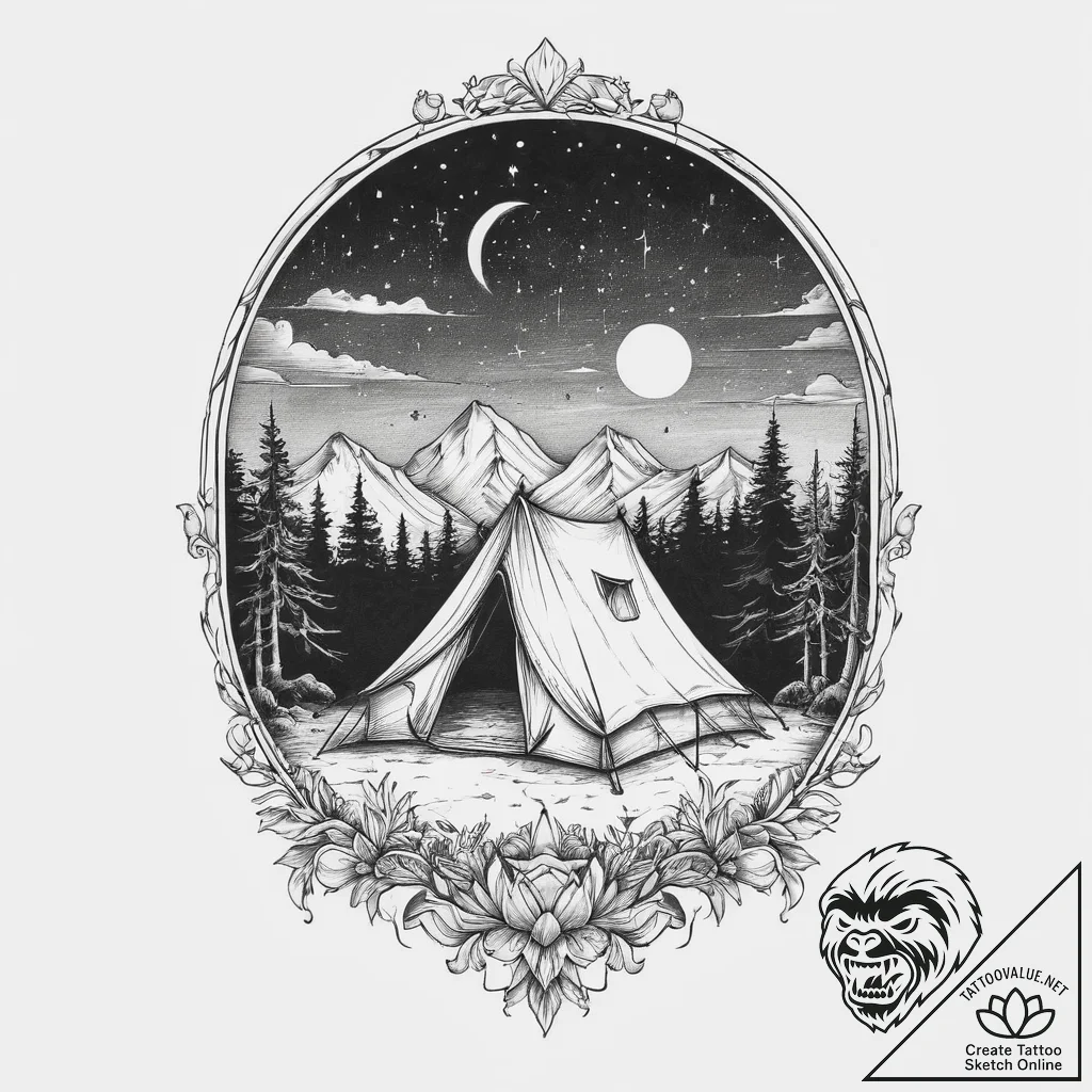 A single, illuminated tent in the vast, dark... - tattoo sketch (№1754409186_0, 05.08.2025 15:53) — tattoovalue.net