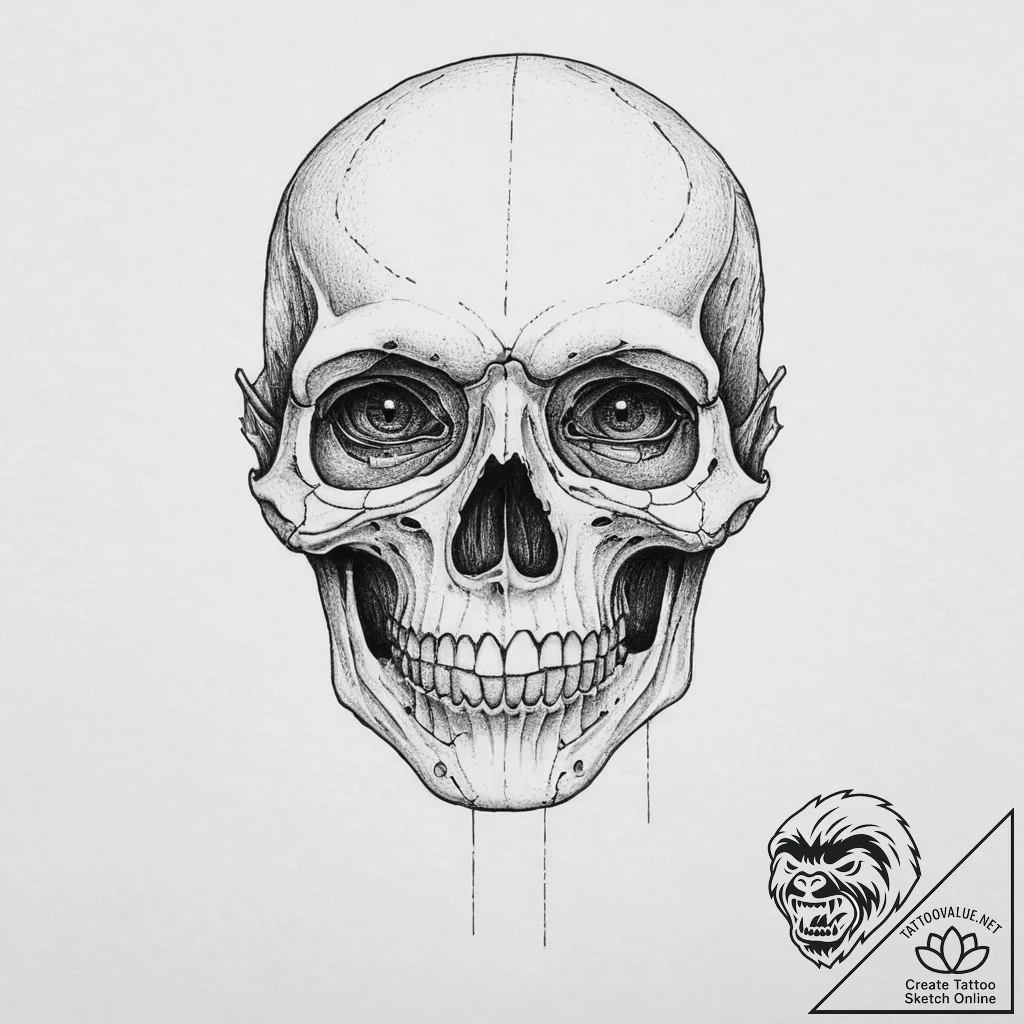 A half-human, half-skeleton face, tattoo line... - tattoo sketch (№1754410619_0, 05.08.2025 16:16) — tattoovalue.net