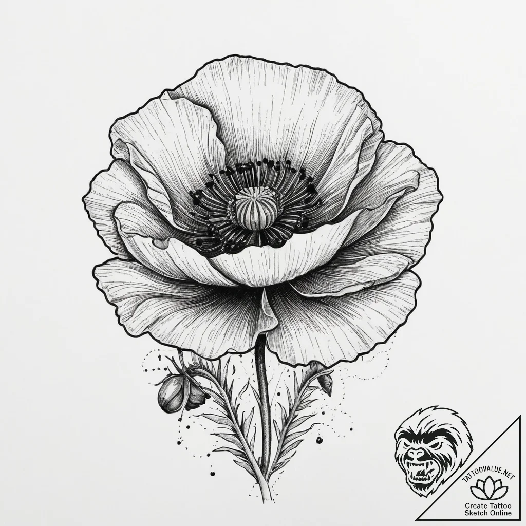 A poppy flower field, tattoo line art, vibran... - tattoo sketch (№1754412879_0, 05.08.2025 16:54) — tattoovalue.net