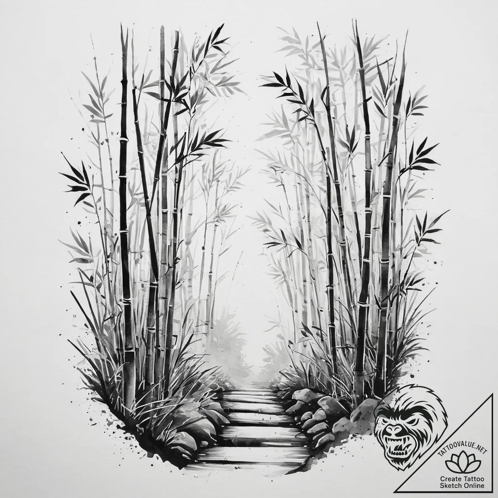 A path winding through a dense bamboo forest,... - tattoo sketch (№1754413510_0, 05.08.2025 17:05) — tattoovalue.net