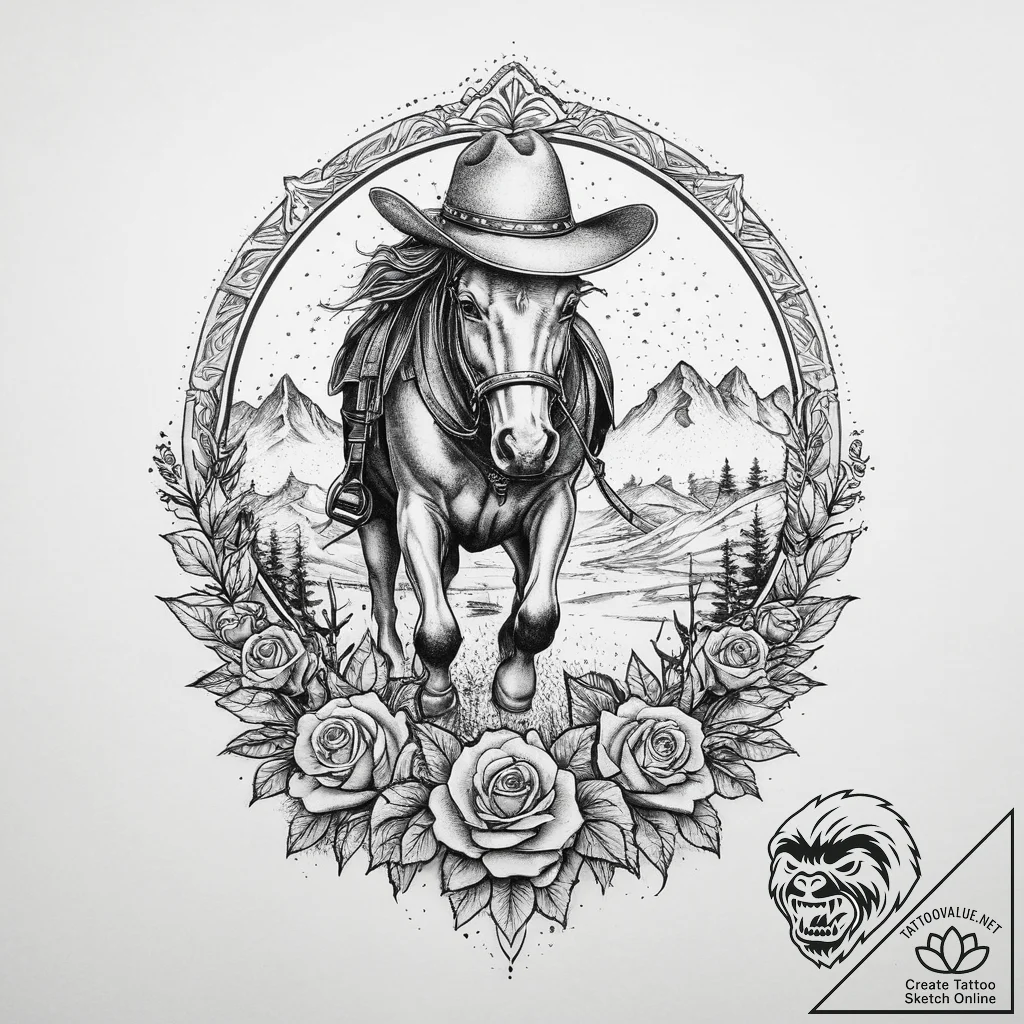 A shot of a lone cowboy herding cattle at sun... - tattoo sketch (№1754413711_0, 05.08.2025 17:08) — tattoovalue.net