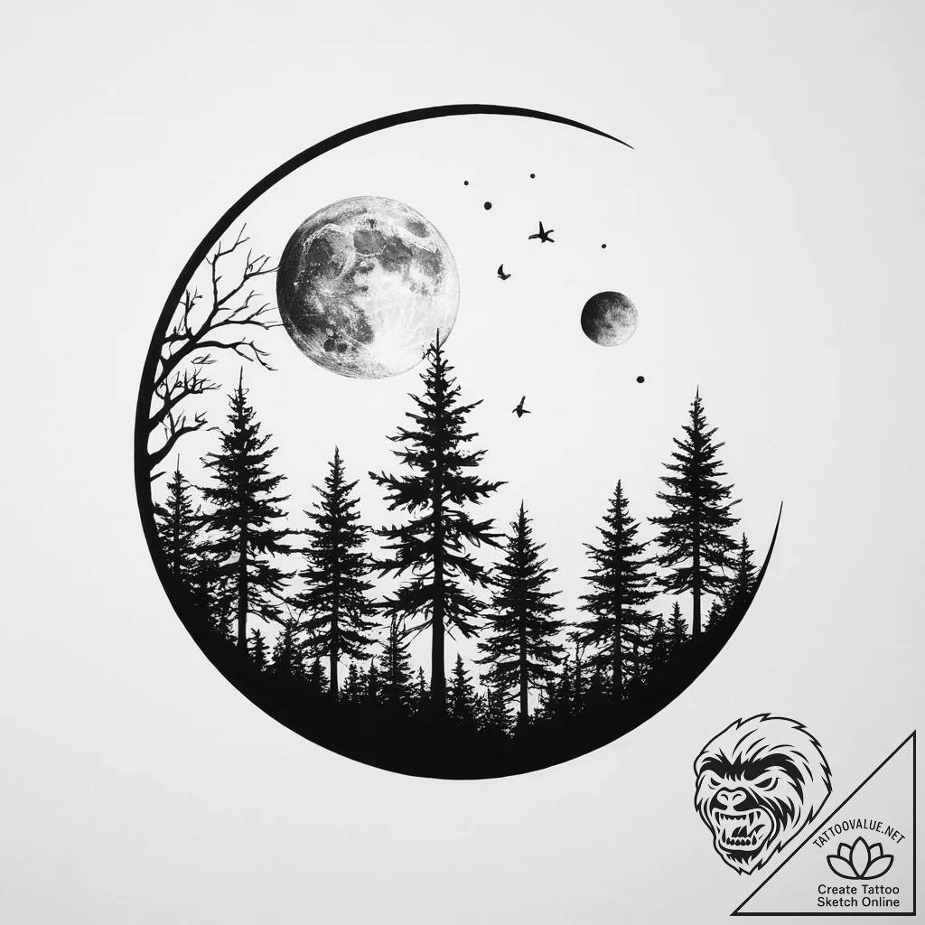 Tattoo design a forest silhouette with a sing... - tattoo sketch (№1754415149_0, 05.08.2025 17:32) — tattoovalue.net