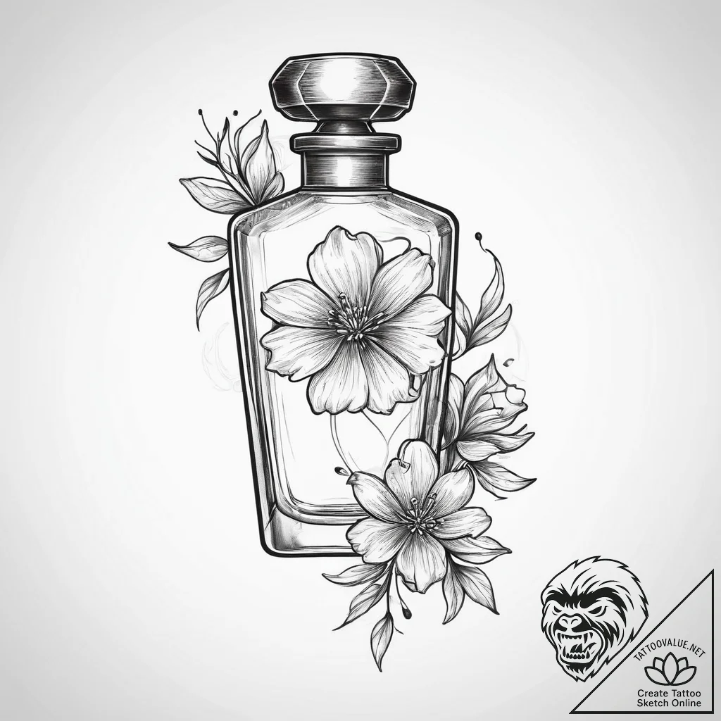 Tattoo sketch a delicate perfume bottle with... - tattoo sketch (№1754415359_0, 05.08.2025 17:35) — tattoovalue.net
