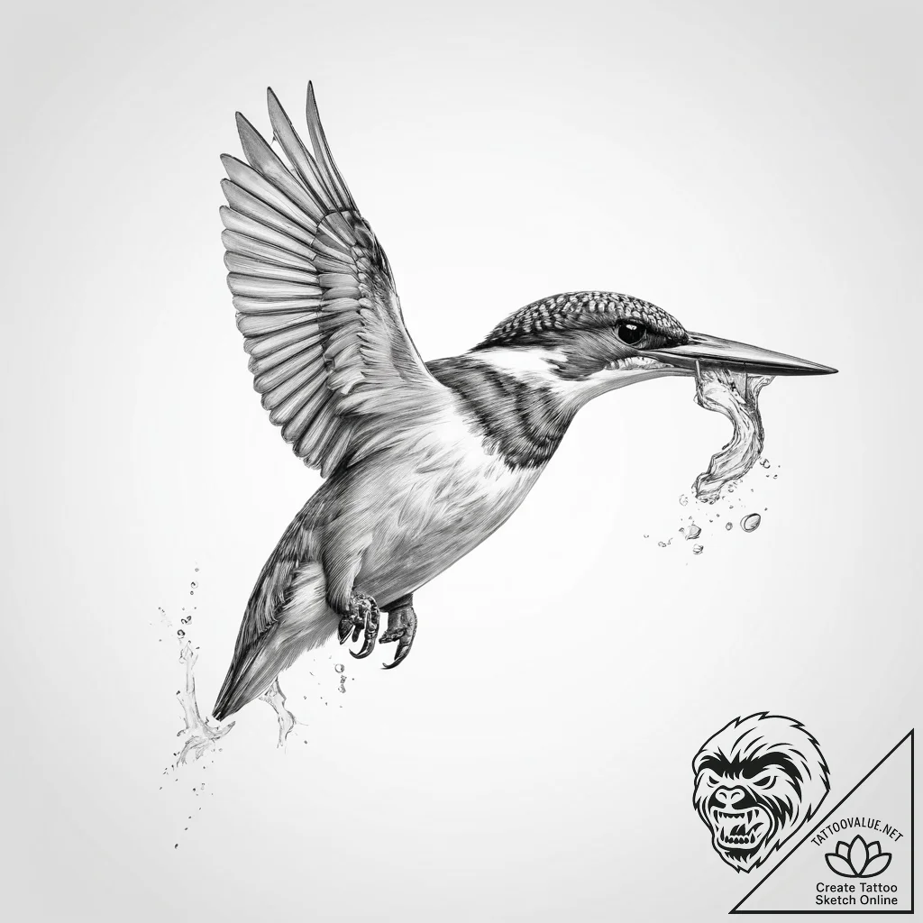 A kingfisher diving for a fish - tattoo sketch (№1754416186_0, 05.08.2025 17:49) — tattoovalue.net