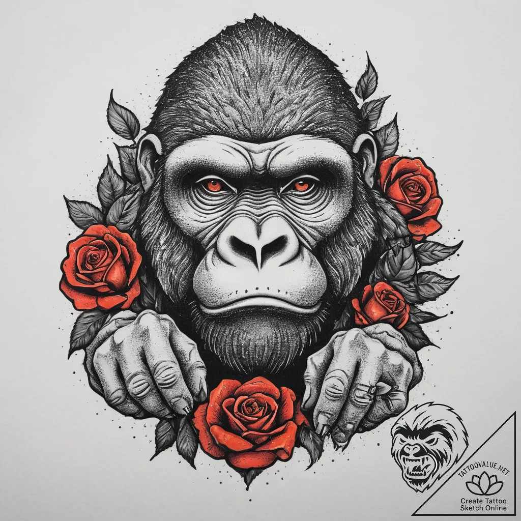 Tattoo sketch a powerful gorilla, hands clenc... - tattoo sketch (№1754416389_0, 05.08.2025 17:53) — tattoovalue.net