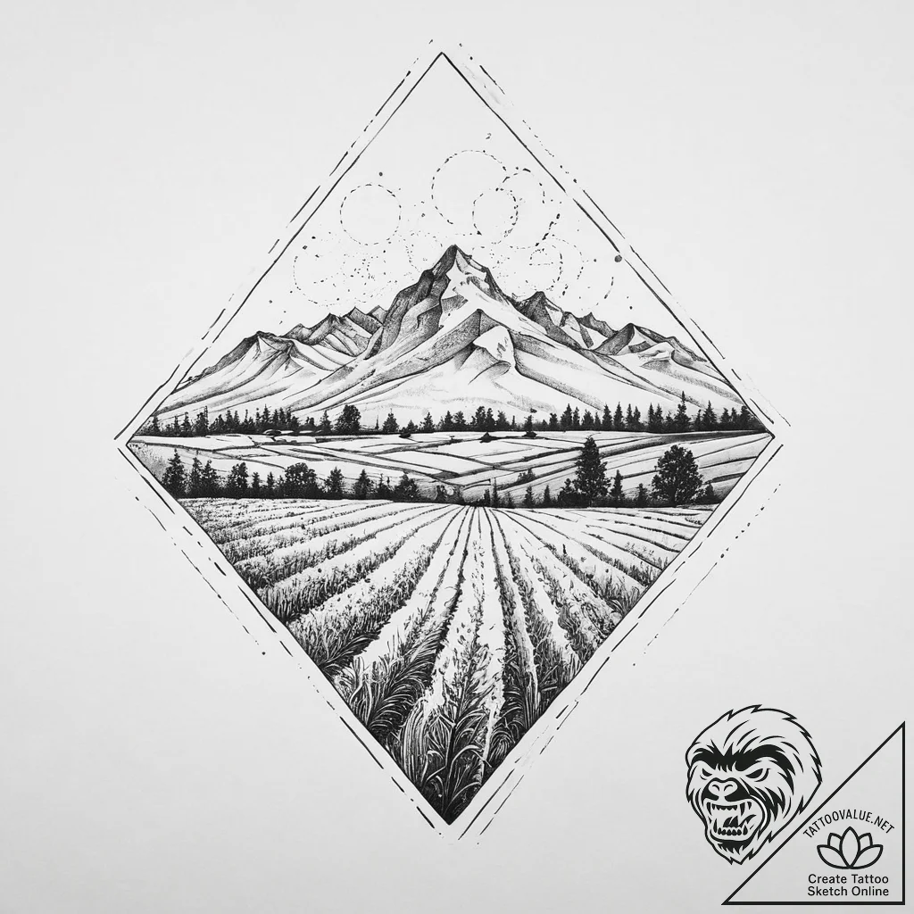 Tattoo sketch: a landscape view of a vast, fe... - tattoo sketch (№1754416795_0, 05.08.2025 17:59) — tattoovalue.net