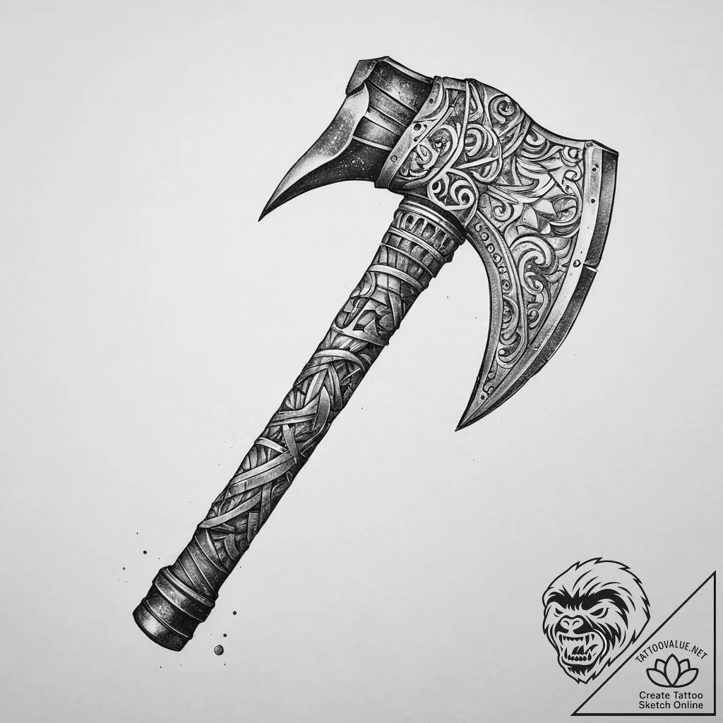 Tattoo design a battle-worn barbarian axe wit... - tattoo sketch (№1754417815_0, 05.08.2025 18:16) — tattoovalue.net