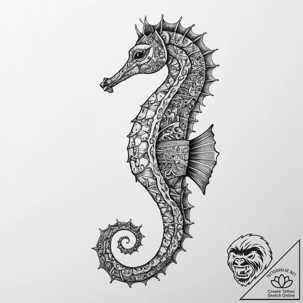 A seahorse with intricate patterns (is there,... - tattoo sketch (№1754418632_0, 05.08.2025 18:30) — tattoovalue.net
