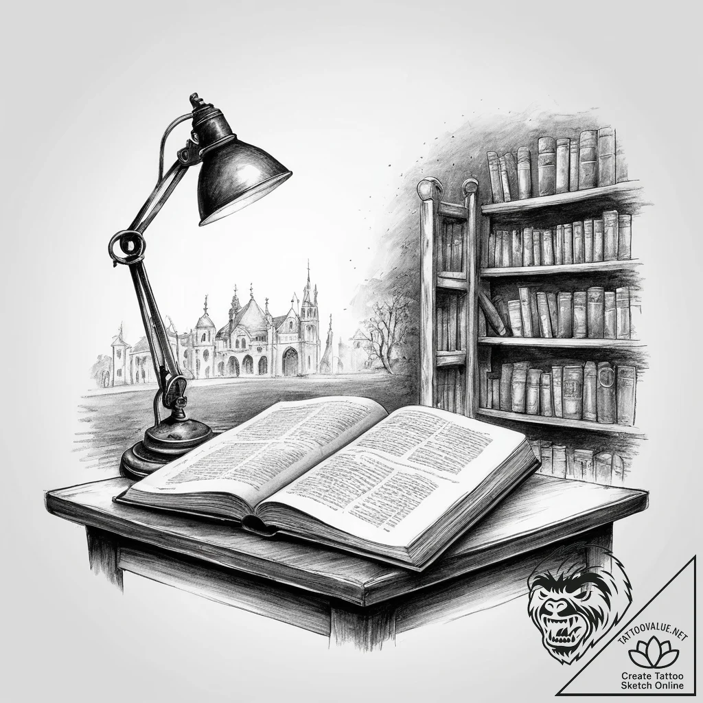 The interior of an old, dusty library at nigh... - tattoo sketch (№1754420055_0, 05.08.2025 18:54) — tattoovalue.net