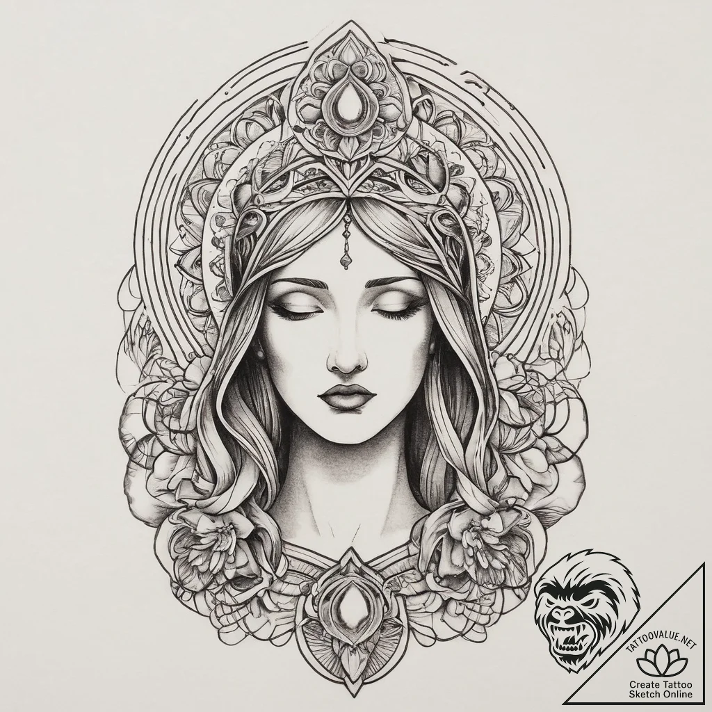 Mother of god, artistic tattoo sketch, bold o... - tattoo sketch (№1754428183_0, 05.08.2025 21:09) — tattoovalue.net