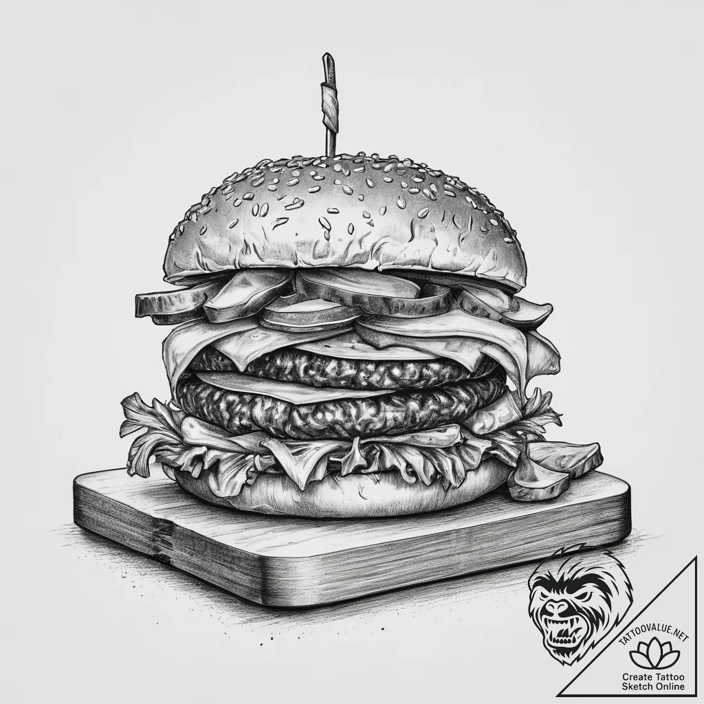 A juicy, gourmet cheeseburger with all the to... - tattoo sketch (№1754432375_0, 05.08.2025 22:19) — tattoovalue.net