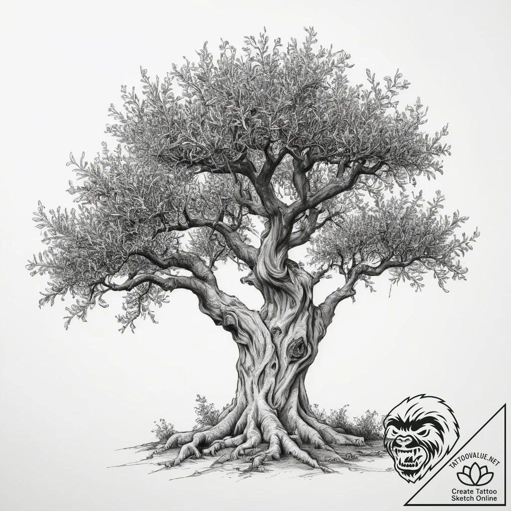 An old, gnarled olive tree in a grove in gree... - tattoo sketch (№1754433803_0, 05.08.2025 22:43) — tattoovalue.net