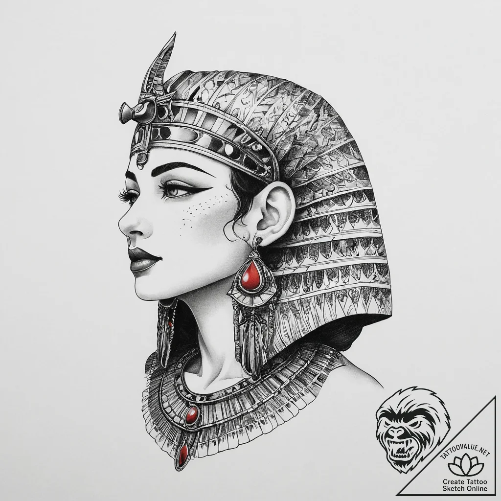 Cleopatra, tattoo drawing outline, dotwork sh... - tattoo sketch (№1754438267_0, 05.08.2025 23:57) — tattoovalue.net