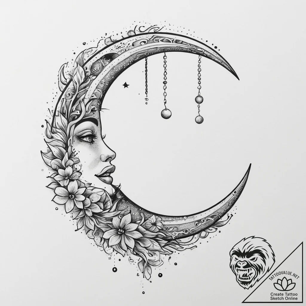 Moon, ink illustration for tattoo, muted colo... - tattoo sketch (№1754440713_0, 06.08.2025 00:38) — tattoovalue.net