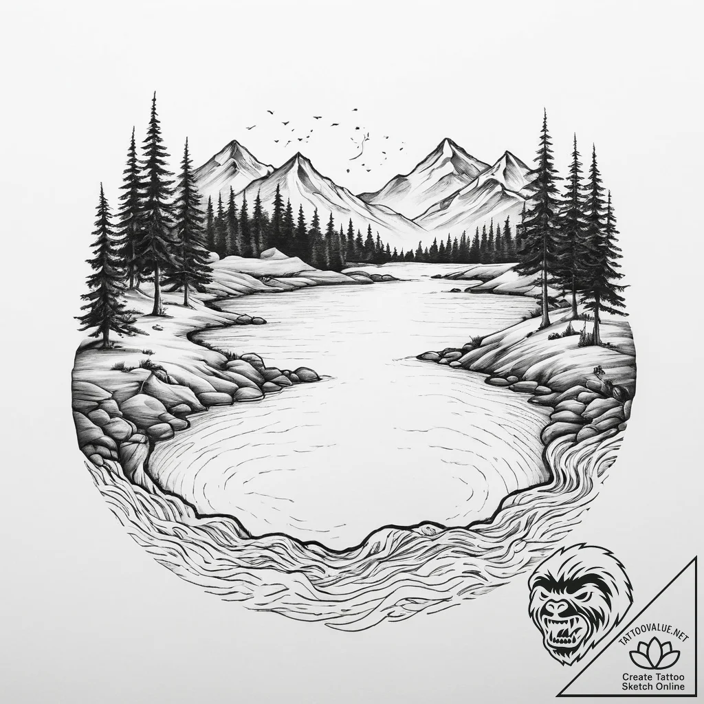 Tattoo design a landscape with a river flowin... - tattoo sketch (№1754442705_0, 06.08.2025 01:11) — tattoovalue.net