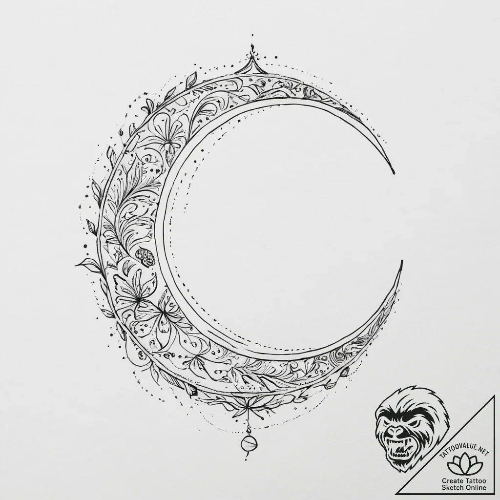 Crescent moon, tattoo sketch design, fine lin... - tattoo sketch (№1754443513_0, 06.08.2025 01:25) — tattoovalue.net