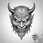 Oni mask, tattoo sketch design, blackwork tat… – tattoo sketch (№1754443920_0, 06.08.2025 01:32) — tattoovalue.net
