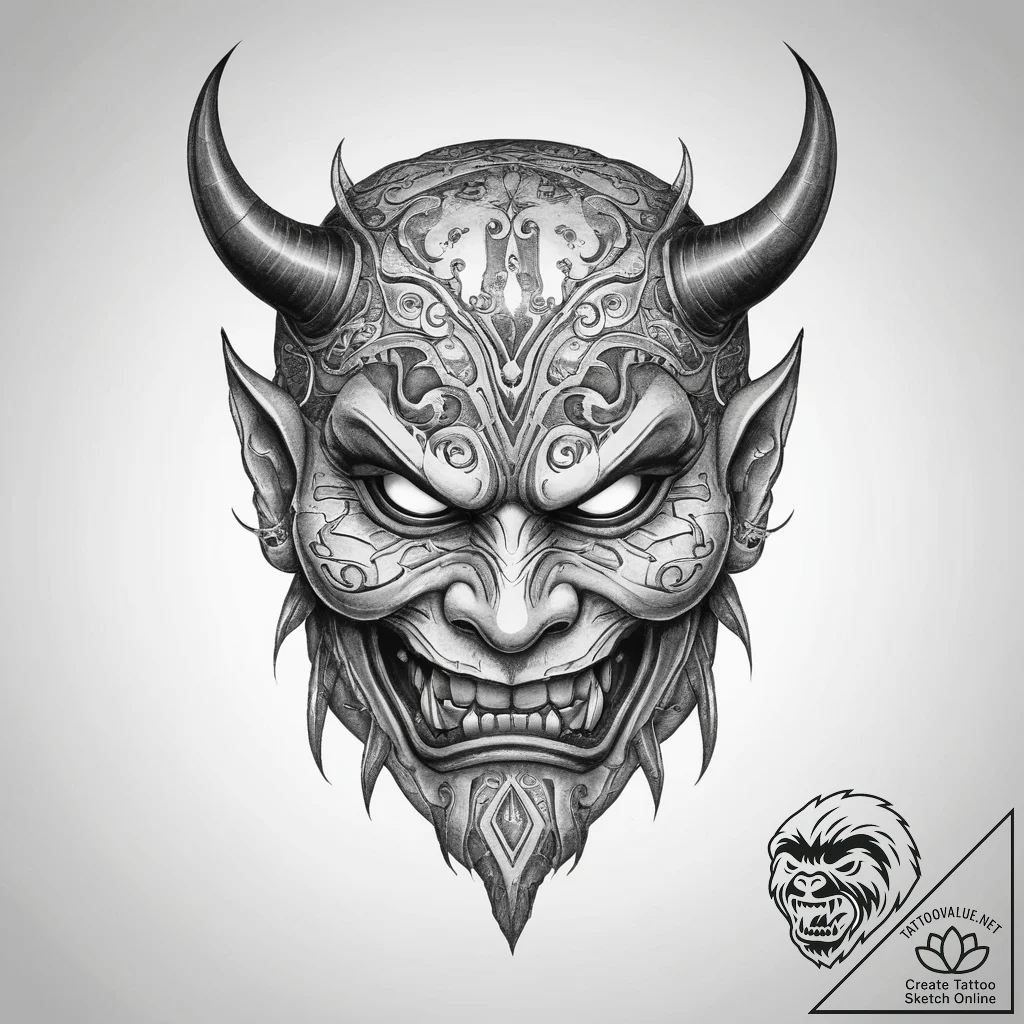 Oni mask, tattoo sketch design, blackwork tat... - tattoo sketch (№1754443920_0, 06.08.2025 01:32) — tattoovalue.net