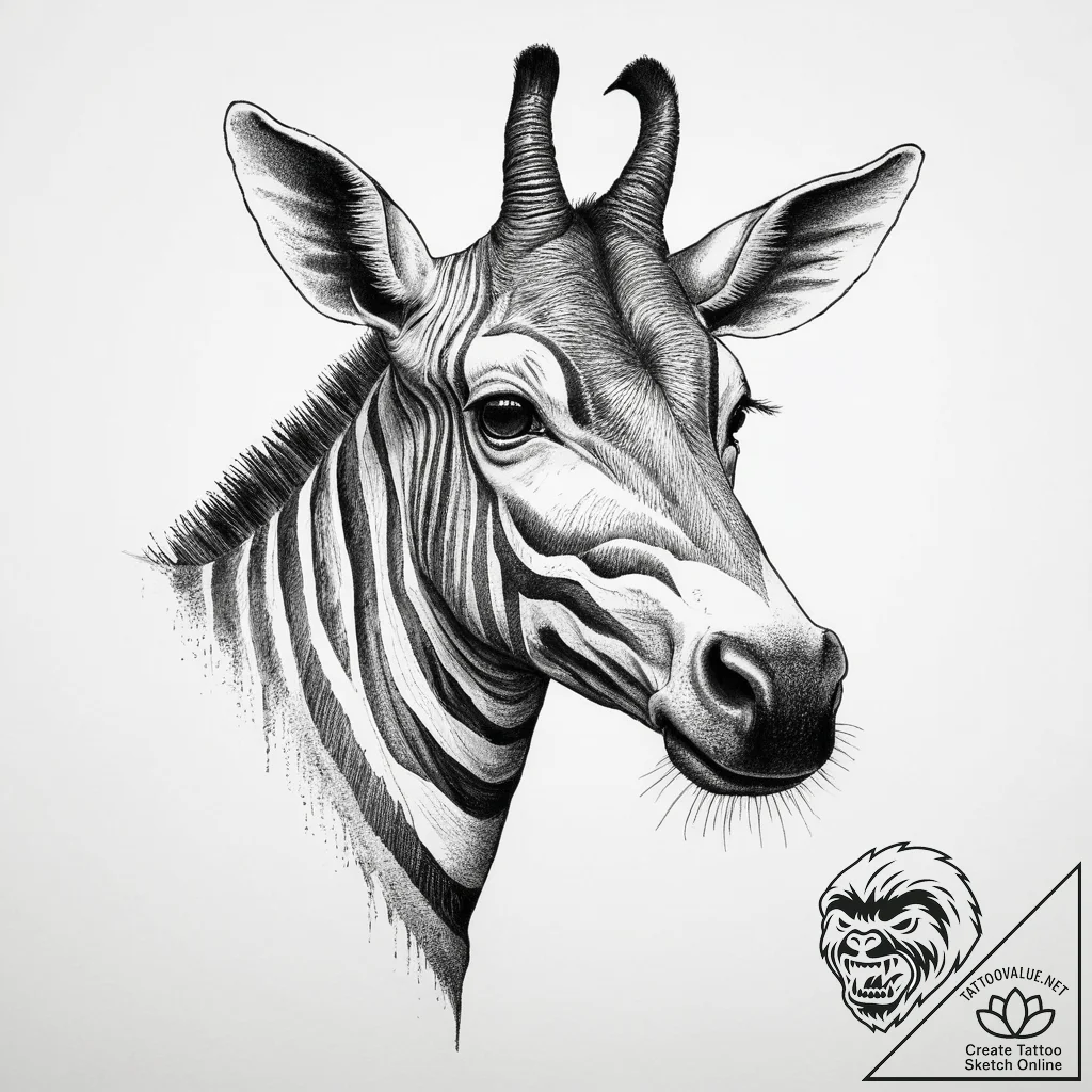 An okapi, ink illustration for tattoo, on a c... - tattoo sketch (№1754444123_0, 06.08.2025 01:35) — tattoovalue.net