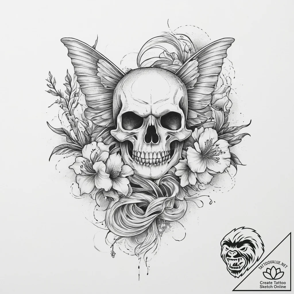 A moth on a skull, tattoo line art, fine line... - tattoo sketch (№1754444327_0, 06.08.2025 01:38) — tattoovalue.net