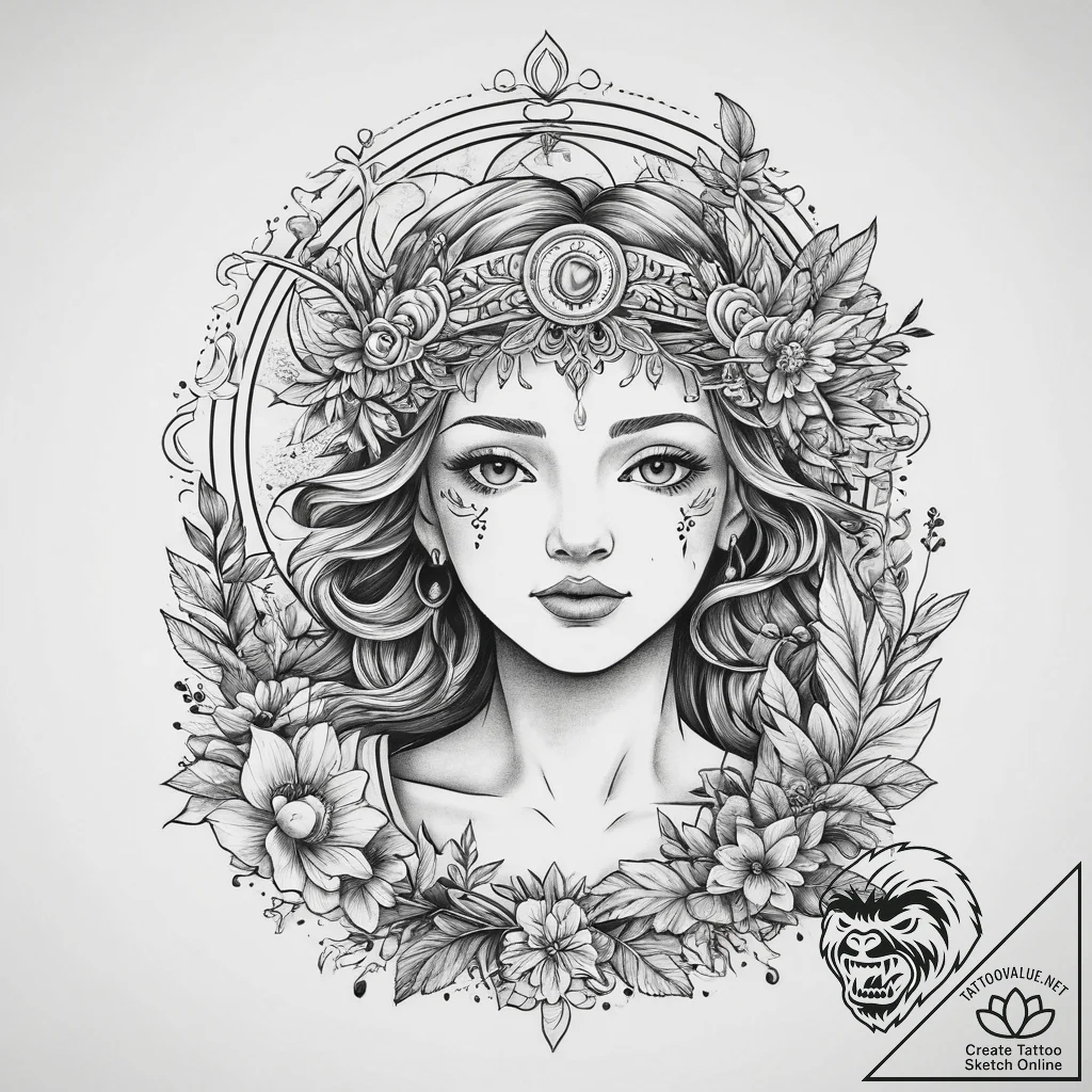 Tattoo design a virgo maiden as an ancient wi... - tattoo sketch (№1754444536_0, 06.08.2025 01:42) — tattoovalue.net