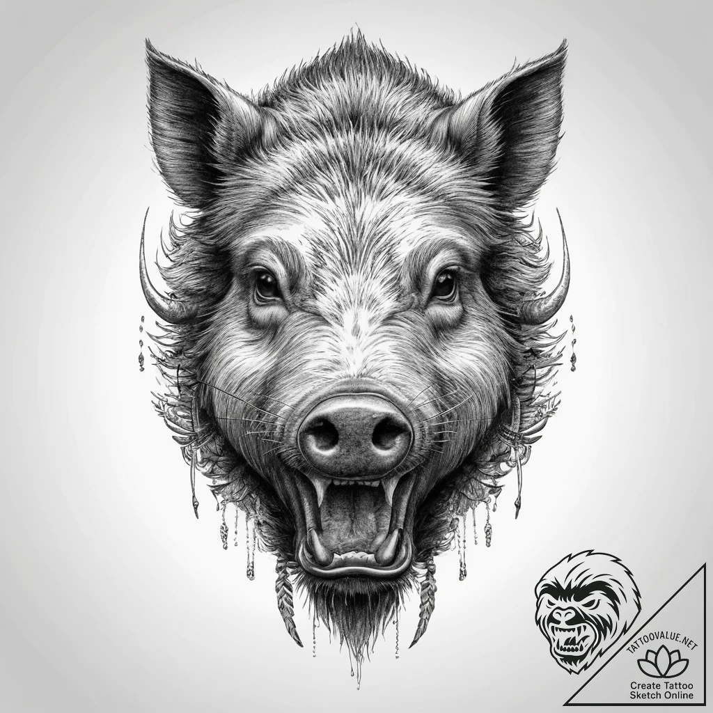 Tattoo sketch a wild boar, tusks gleaming, fo... - tattoo sketch (№1754445768_0, 06.08.2025 02:02) — tattoovalue.net
