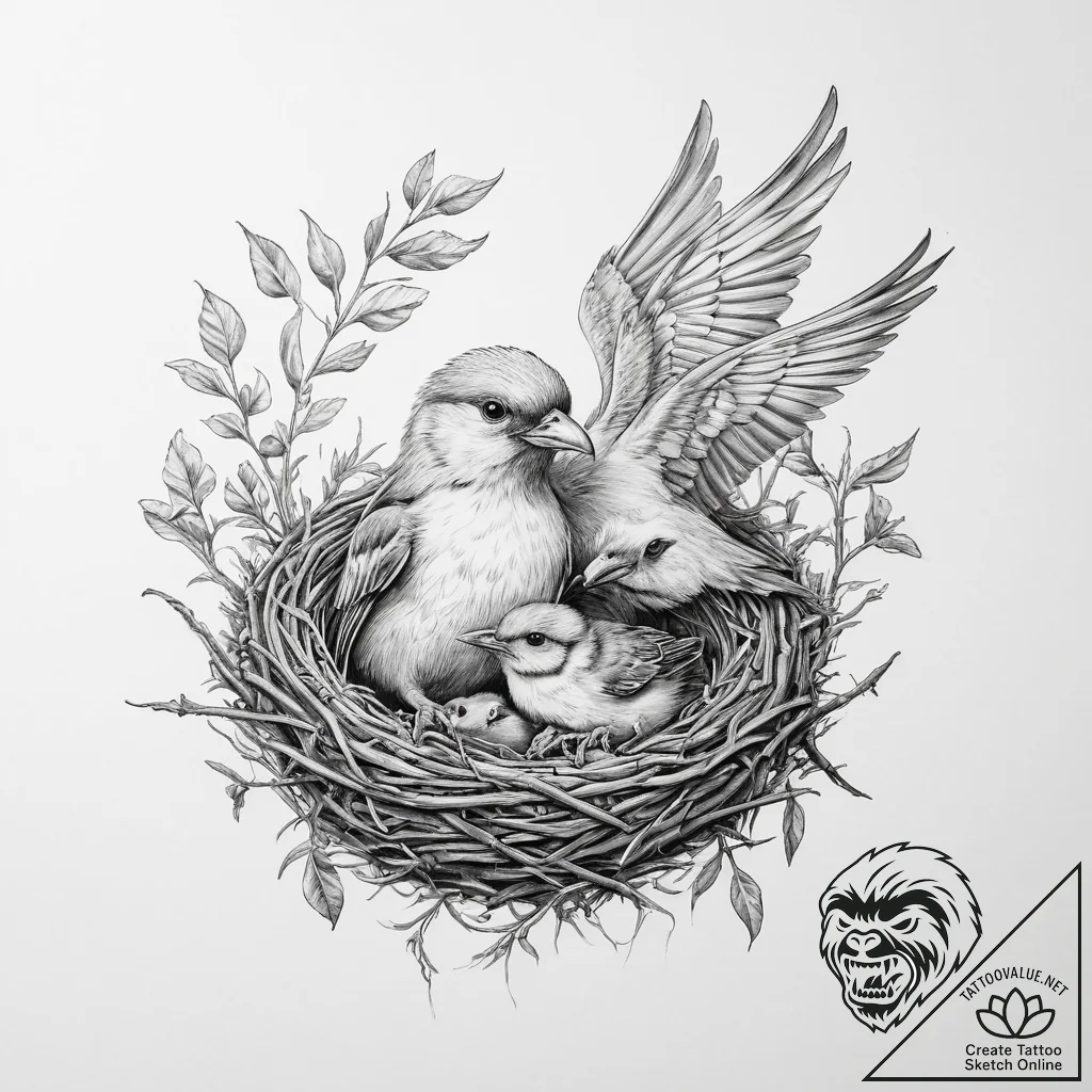 Tattoo sketch a mother bird feeding chicks in... - tattoo sketch (№1754445969_0, 06.08.2025 02:06) — tattoovalue.net